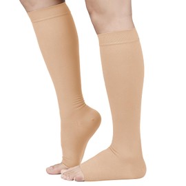 TOFLY® 30-40mmHg Medical Graduated Compression Socks for Men & Women, Open Toe Knee High Compression Socks,Firm Support for Circulation Recovery,Shin Splints,Varicose Veins,Edema,Nursing, Beige M
