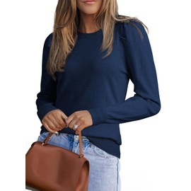Dokotoo Womens Fall Tops Crew Neck Long Sleeve Shirts Puff Sleeve Cashmere Sweaters Trendy 2025 Ribbed Knit Lightweight Pullover Wool Sweater Blue Large