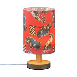 SPRIPORT Red White Blue Racing Cars Bedside Table Lamp for Bedroom Nightstand Lamp with Wood Base & Round Flaxen Fabric Shade Desk Reading Lamp for Reading Working Living Room Dorm Home Office