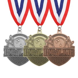 PATIKIL Bowling Games Award Medals with Red & White & Blue Ribbons 3 Pieces Winner Medals Gold Silver Bronze Prizes for Competition Sports Party Gold/Silver/Copper