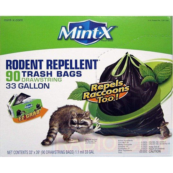 Mint-X Plastic 33 Gallon Drawstring Rodent Repellent Trash Bag, 1.1 Mil, Flat Seal, 39 Height x 33 Length, Black (Pack of 90)