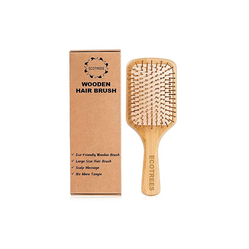 Hair Brush-Natural Wooden Bamboo Bristles Paddle Hairbrush Large. Eco-Friendly Massage