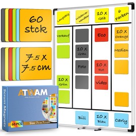 ATWAM - 60 Magnetic Strips Writeable - 75 x 75 mm - 6 Colours - Scrum & Kanban - Writeable Magnets - For Whiteboard, Magnetic Board, Magnetic Wall & Fridge