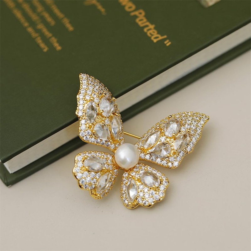LISADORE White Rhinestone Butterfly Brooch Pin