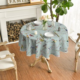 Horaldaily Spring Tablecloth 60×60 Inch Round, Birds Branch Green Floral Washable Seasonal Table Cover for Party Picnic Dinner Decor