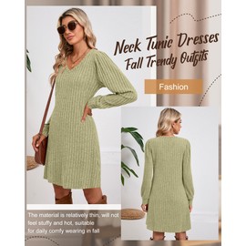 Ficerd Women's Knit Long Sleeve Sweater Dress Casual V Neck Tunic Dresses Fall Trendy Outfits(Mustard Green,XX-Large)
