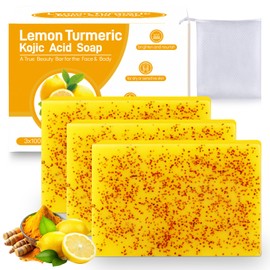 Hunxlio Lemon Kojic Acid Soap, Lemon Turmeric Bar with Vitamin C for Face, Body Hands, Turmeric Soap for Dry Sensitive Skin 3 Bars