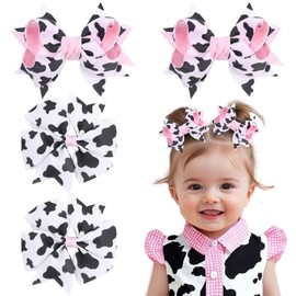 PABOBIT 4PCS Cow Printed Hair Bows for Girls, 5" MooMoo Hair Bow Clips Grosgrain Ribbon Pinwheel Bows with Alligator Clips Barrettes Girls Hair Accessories for Toddlers Kids and Teens Gifts