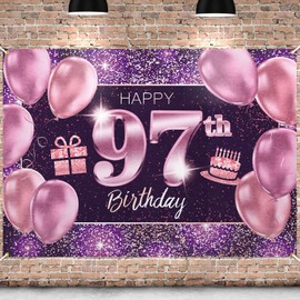 PAKBOOM Happy 97th Birthday Banner Backdrop - 97 Birthday Party Decorations Supplies for Women - Pink Purple Gold 4 x 6ft