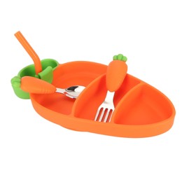 Juego de Alimentación de Silicona para bebé, Seguro para Prevenir el Vuelco, Plato de Succión Dividido para bebé, Forma de Zanahoria con Tenedor, Cuchara, Pajita para Niños