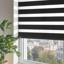 ChrisDowa Cordless Zebra Blinds for Windows, Dual Layer Free-Stop Light Filtering Window Roller Shades, Pull Down Privacy Zebra Shades for Home, Office, Bedroom, Door (23" W x 72" H, Black)
