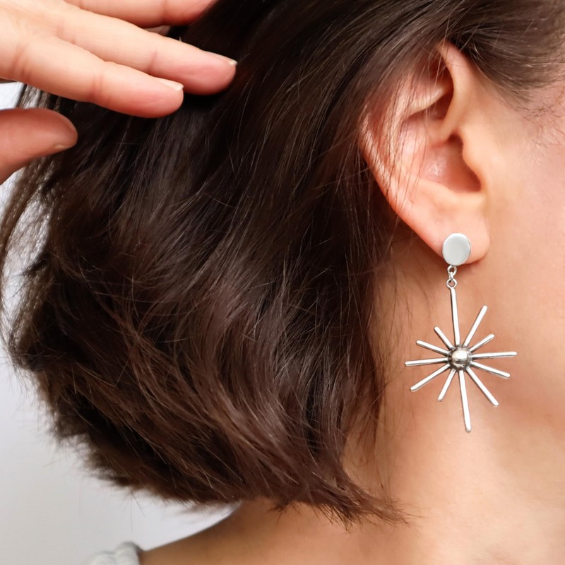 Large Solid 925 Sterling Silver Starburst Earrings Handmade Jewellery for
