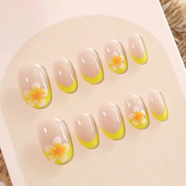MERVF Oval Press on Nails Medium Fake Nail Yellow French Tip Round Glue ons Nail Flower Summer Acrylic False Supplies Art DIY Glossy 24pcs