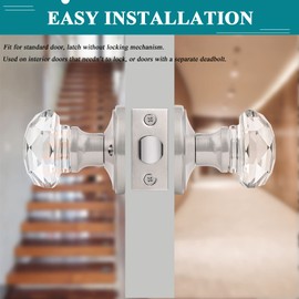 5 Pack Orger Glass Door Knobs for Hallway and Closet, Crystal Passage Door Knobs with Round Diamond Shape, Non-Locking Interior Door Handles, Round Rosette with Satin Nickel Finish