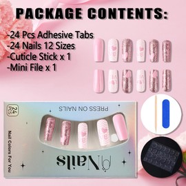 24Pcs Valentines Nails Press on Nails Medium Square Nails Heart Fake Nails Pink Glitter Glossy Acrylic Nails Supply Full Cover Valentines Day Heart White Stripe False Nails for Women Girls
