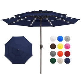 JEAREY 3 Tiers Patio Umbrella with Solar Lights 9FT Outdoor Market Table Umbrellas with Push Button Tilt for Outside Garden Pool,Navy