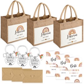 Tenare 3 Sets Leaving Gift for Teacher Included Jute Bag in Bohemian Rainbow Keyring with Rainbow Pendant Greeting Cards Envelopes Teacher Gift Thank You Gift