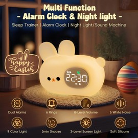 Bunny Alarm Clock with Night Light for Kids with Sleep Training and Sound Machine, Rechargeable Silicone Lamp OK to Wake Clock，Cute Animal Tabletop Lamp, Perfect Sleep Companion for Boys Girls