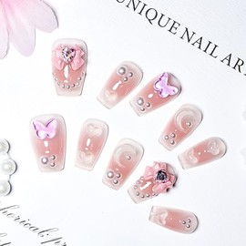 JODSONE Press on Nails Pink Bow Square Handmade 3D Fake Nail Tips Reuseable Fashionable Design Long Lasting Fit Easy to Create Exquisite Fingertips- Small