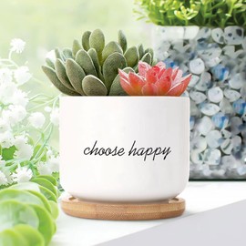 DecStic Choose Happy Planter Ceramic Bible Verse Round Plant Pots with Drainage Holes and Bamboo Tray Pot for Pots Outdoor Indoor Plants