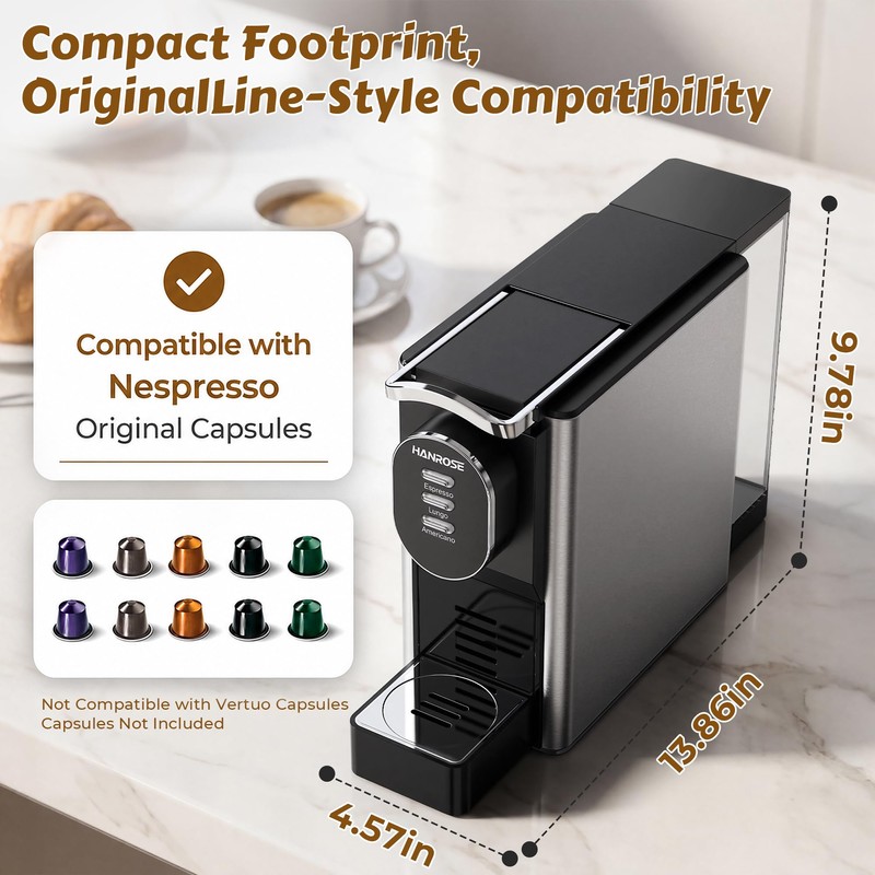 Hanrose Capsule Espresso Machine, Nespresso Machine Original Capsules Compatible, 20Bar