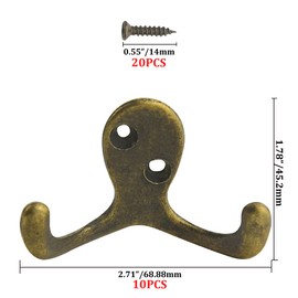 WMYCONGCONG 10Pcs Coat Hooks Door Wall Double Prong Robe Hook Retro Cloth Hanger Metal Door Hooks Screw in with 20 Screws for Hanging Robe, Towel, Coat, Bag & Hat