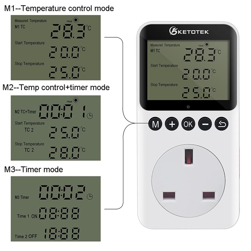 KETOTEK Digital Thermostat Plug Socket with Day Night Timer, Day