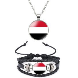 QTAOEIONG Yemen Flag Metal Necklace and Alloy Leather Braided Rope Bracelet Bangle Set for Men Women (Black Yemen)