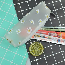 FSSTUD 2 PCS Clear Plastic Daisy Pencil Case Bag Stationery Pouch Makeup Bag Pencil Organizer for School Office