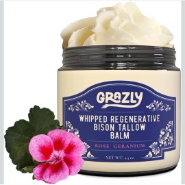 GRAZLY Organic Whipped Bison Tallow Balm w/Manuka Honey, Rose Geranium Oil - Grass-Fed