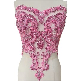 Handmade red/Blue/Gold/Green Rhinestones lace Bodice Applique Sewing Beads Crystal Trim Patches Accessory for Dress Clothes (Pink)