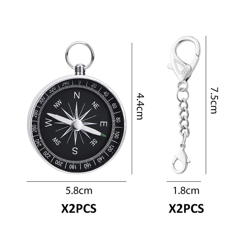 2-Piece Portable Compass with 2-Bar Key Ring, Pocket Navigation Tool,