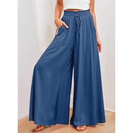 Dokotoo Women Beach Fashion Casual Wide Leg Pants for Womens Ladies Spring Summer Loose High Drawstring Waist Pants Jogging Jogger with Side Pockets Beach Vacation Clothes for Women Blue L