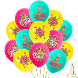 iwiio 18Pcs Happy Diwali Balloons Diwali Decorations Balloons Latex Colorful Balloons Festival of Lights Hanging Decorations, Indian Holiday Party Supplies