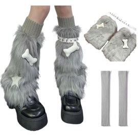 CHERSE Furry Leg Warmers for Women 3in1 Kawaii Star Bone Plush Faux Fur Y2K Pink Lolita Leg Socks 80s Outfit Harajuku Punk Knee High Preppy Gothic (Grey Bone Star 3in1)