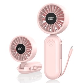 AMACOOL Foldable Handheld Fan Rechargeable, Built-in Type-C Cable, 5-Speed Personal Fan, Max 17H Runtime, Wearable Neck Fans for Travel Outdoor Cruise Makeup, Gift for Women Stylish Girl (Pink)