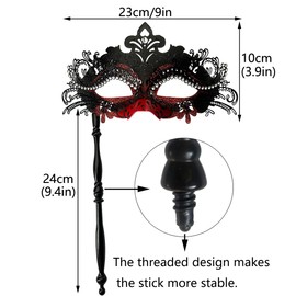 WILOVCOS Womens Masquerade Mask with Stick, Handheld Mardi Gras Mask,Venetian Party Masks (Black & Red)