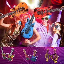 18pcs Juego de juguetes inflables de estrella de rock los años 80 y 90，6 pairs of goofy glasses 6 inflatable guitar,6 micrófonos，accesorios de cabina de fotos para adultos,