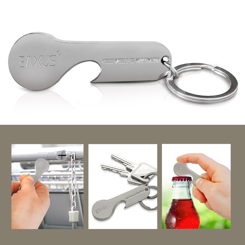 Eaxus® Stainless Steel Shopping Trolley Token with Key Ring, Silver