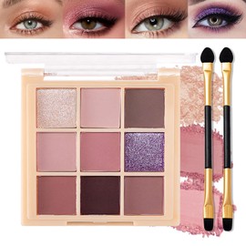 9-Color Matte Nude Eyeshadow Palette, Makeup Set with Shimmer Shades, Highly Pigmented, Waterproof & Long-Lasting,with Brushes, Available in Brown, Pink & Purple Shades