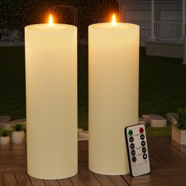 12" x 4" Large Outdoor Candles with Timer Waterproof Flickering LED Flameless Candles Battery Operated with Remote Fake Pillar Candles Realistic for Patio Porch Lanterns, Ivory 2 Pack