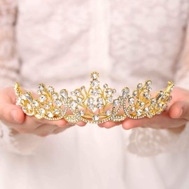 Obmyec Wedding Crown Gold Crystal Tiaras Branch Bridal Headpiece Princess Prom Headpiece Birthday Party Hair Accessories for Women