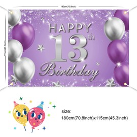 JOYKY Happy 13th Birthday Banner, Purple Silver 13th Birthday Party Decorations for Girls, 13 Year Old Birthday Supplies Backdrop Décor, 5.9 X 3.8 Fts
