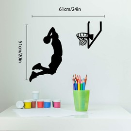 Basketball Players Slam Dunk Silhouette Vinyl Wall Decals, Basketball Wall Decor Sports Wall Sticker, Wall Art Home Decor Wall Stickers for Boy Rooms Living Room Bedroom Decoration, 24x20.1in