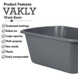 Vakly Wash Basins [2 Pack] – Rectangular Plastic 7-Quart Graduated Hospital Soaking Tub with Markings – Small Portable Washbasin for Face Washing, Cleaning, Foot Bath, Dishes, Laundry & Bedside Care