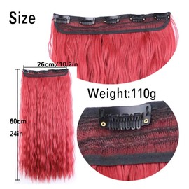 iLUU Dark Red Color Clip in Synthetic Hair Extension 24" 110g Full Head Long Corn Wave Natural Looking Hair Piece Fashion Womens Clip in Hair Extensions Heat-resisting Hair #BUG