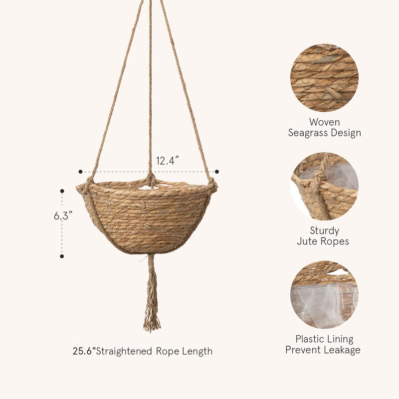 Natural Seagrass Hanging Planter Basket Set, Indoor Plant Pots, Boho