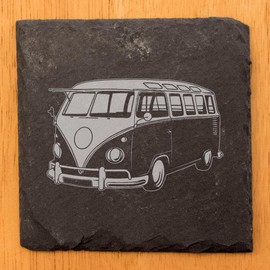 Vintage VW Bus Slate Coasters - Set of 4 | Laser-Etched Retro Volkswagen Drink Mats for Home & Car Enthusiasts!- Square Slate - set of 4