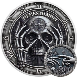 AtSKnSK Memento Mori Coin - Face Holding Skeleton, Challenge Locket, Stoic Coin and Keepsake for Men and Women