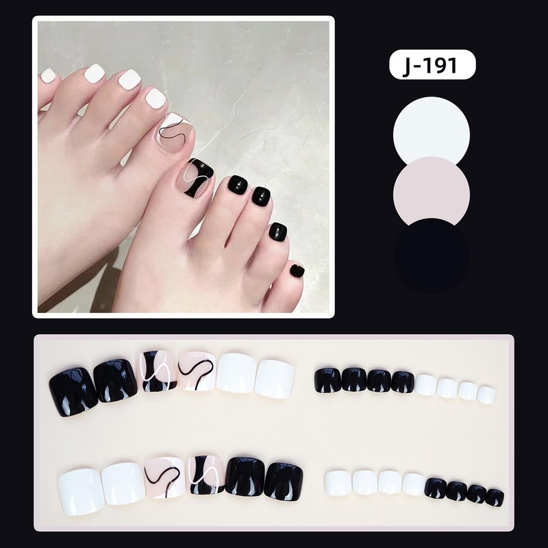 Press on Toenails with Line Designs, Artificial Black White Fake